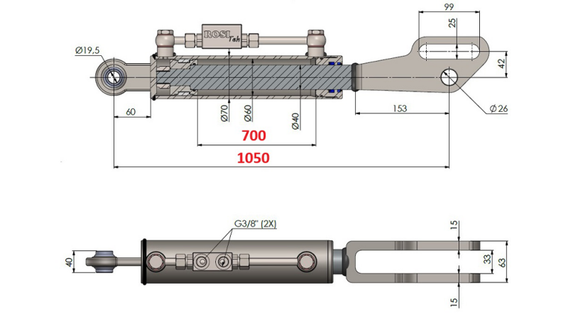 2TON. HYDRAULINEN KALLISTUSSYLINTERI NIVELPÄÄLLÄ 60/40-350 (700MM-1050MM)