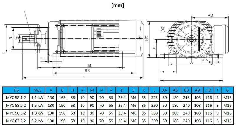 ELEKTRISCHE MOTOR CIRCULAIR 230V-2.2kW-2800rpm MYC 63 2-2
