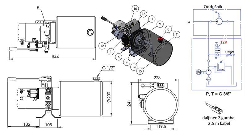 MINI HYDRAULINEN YHDISTELMÄ 12V DC - 1.6kW = 2.1cc - 8 lit - yksisuuntainen kokoonpano KÄSIPUMPULLA