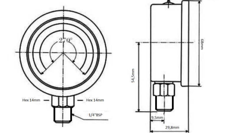 MANOMETER DN63 VERTIKÁLNY 0 - 4 BAR - 1/4-rozmery